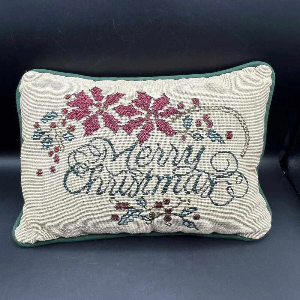 Vintage Merry Christmas Needlepoint Tapestry Throw Pillow Decor Holiday 12x9